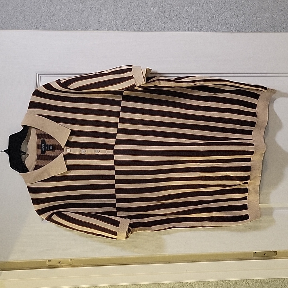 Alfani Men's Large Beige/Brown Offset Stripe Sweater Polo Shirt Classic Retro